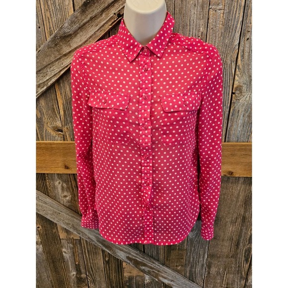 American Eagle Tops - Pink and white polka dot long sleeve sheer button up size XXS ^ EUC
